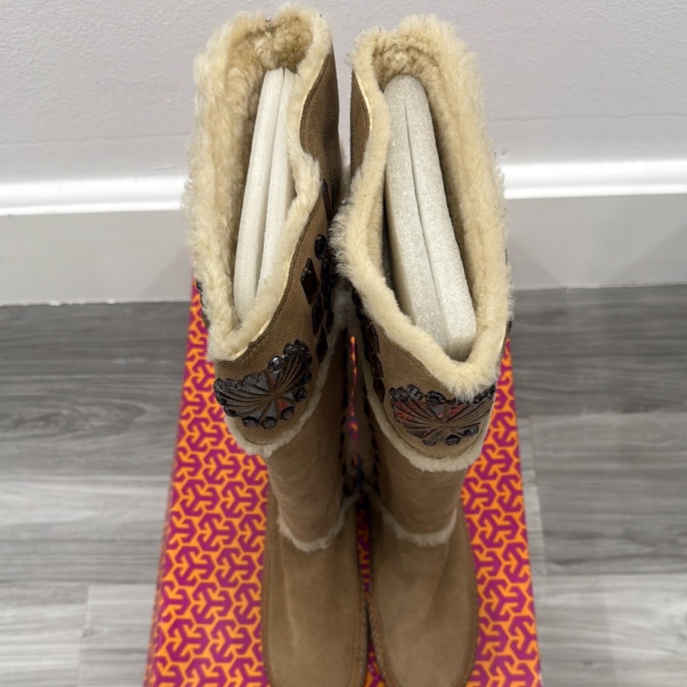 Tory Burch Knee High Shearling Camel Embellished Boot - Picture 12 of 12